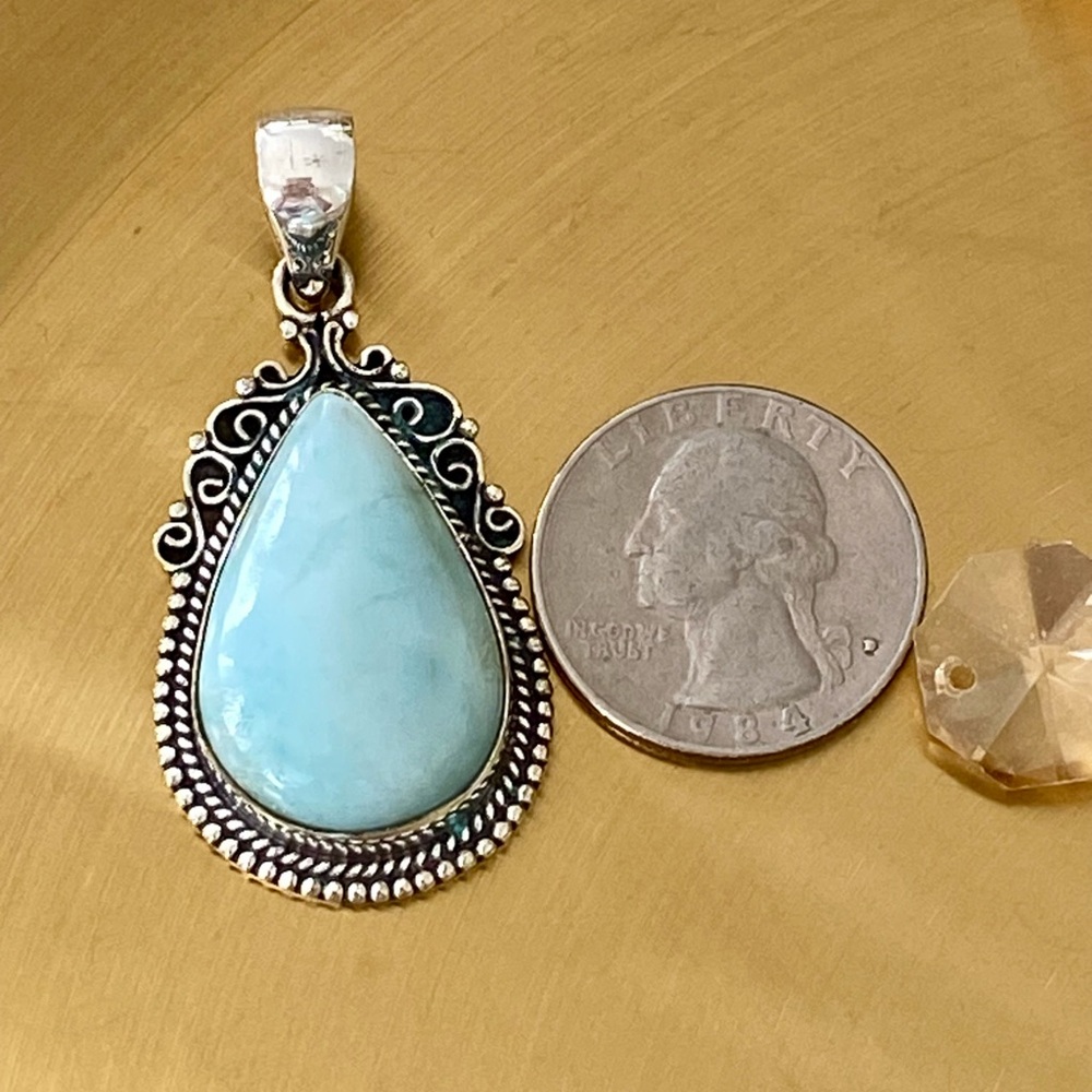 Large Teardrop Natural Larimar Hand Crafted Pendant - Picture 4 of 5